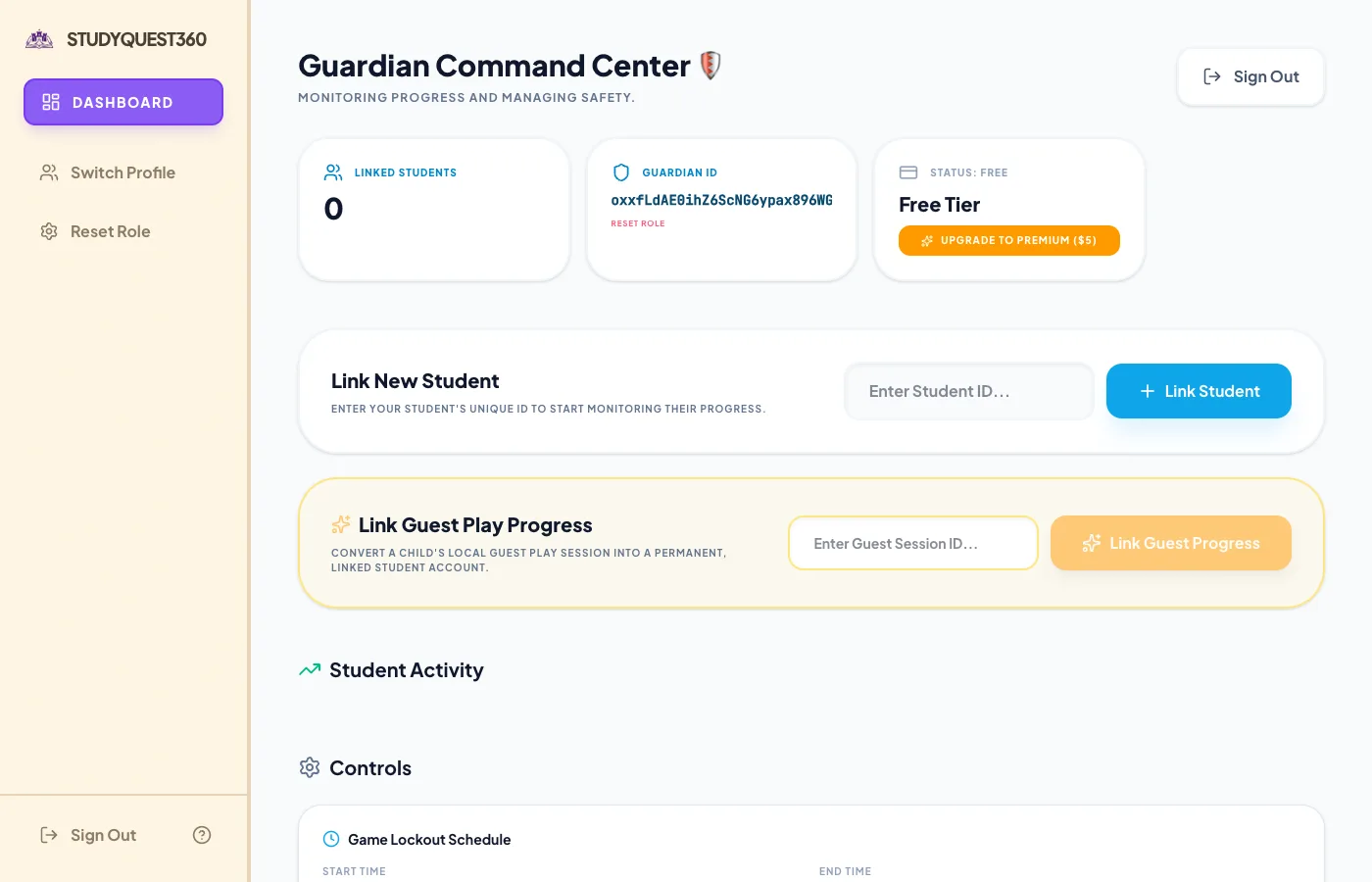 Screenshot of the Guardian Command Center parent dashboard in StudyQuest360, showing linked students and assignment tracking