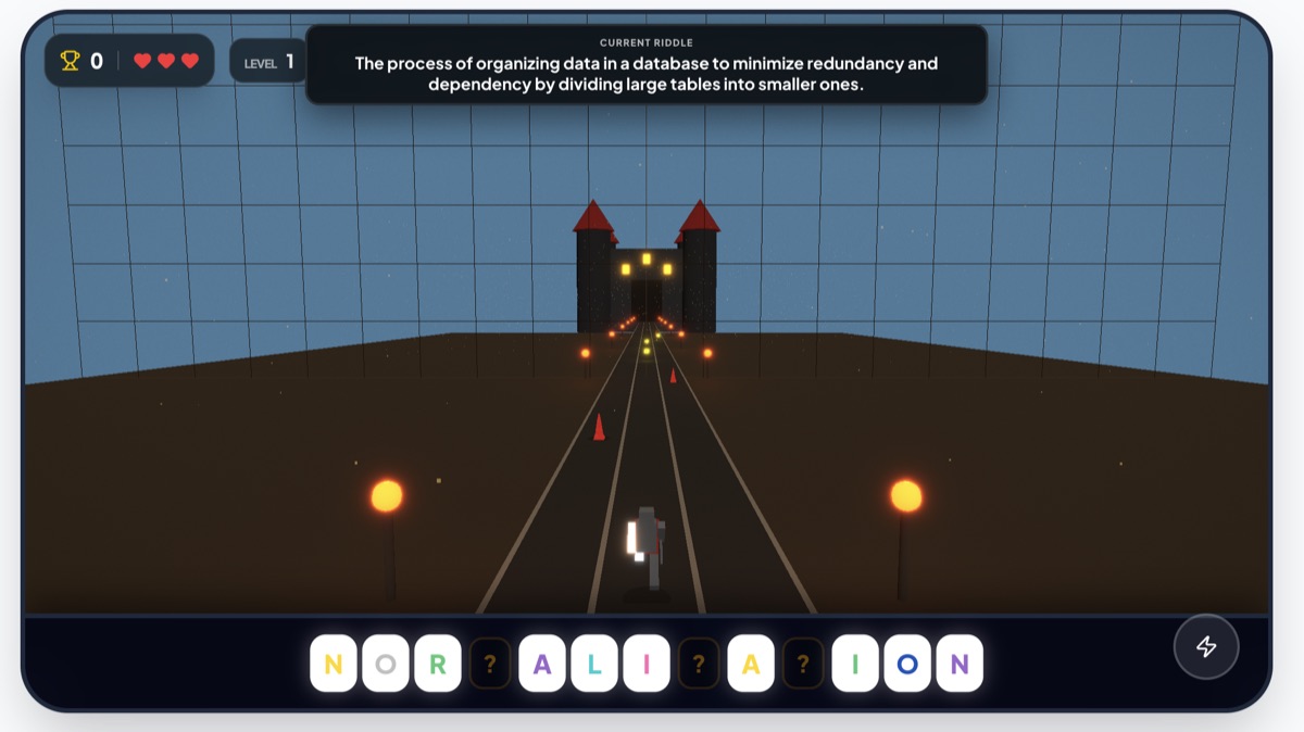 Quest Run — Run, jump, and answer at full sprint. A StudyQuest360 Arena homework-review game screenshot.